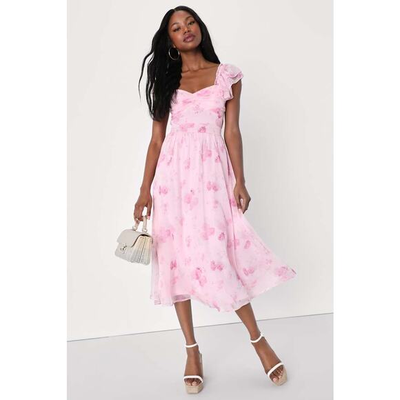 NWT Lulus Loveliest Darling Light Pink Floral Ruffled Tie-Back Midi Dress Sz L - Picture 1 of 9